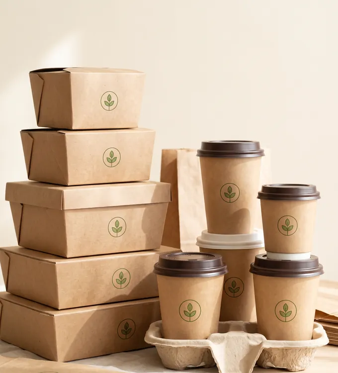 Kraft takeaway boxes and paper coffee cups printed with a café logo