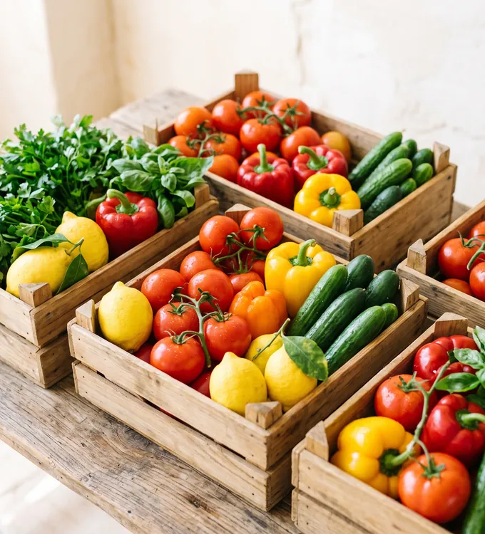 Colourful crates of fresh fruit and vegetables