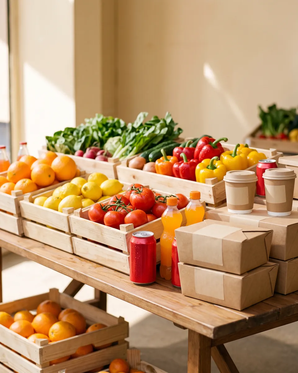 Crates of fresh fruit and vegetables, soft drinks and kraft takeaway packaging on a market-style table