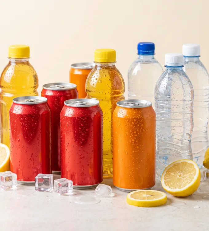 Cans and bottles of cola, orange soda, iced tea and water